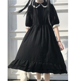 Black Kawaii Dress Women Summer Short Sleeve Doll Collar Ruffles Pleated Dress Japanese Harajuku Casual Loose Midi Dress $26....