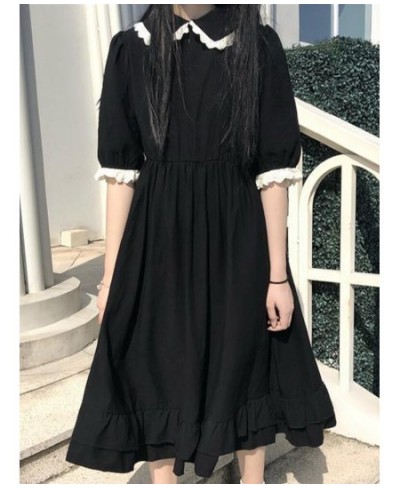 Black Kawaii Dress Women Summer Short Sleeve Doll Collar Ruffles Pleated Dress Japanese Harajuku Casual Loose Midi Dress $26....