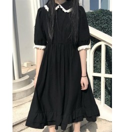 Black Kawaii Dress Women Summer Short Sleeve Doll Collar Ruffles Pleated Dress Japanese Harajuku Casual Loose Midi Dress $26....