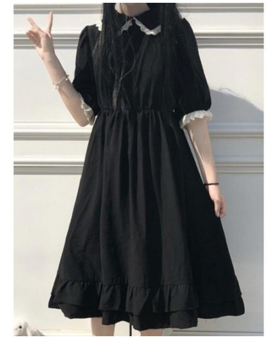 Black Kawaii Dress Women Summer Short Sleeve Doll Collar Ruffles Pleated Dress Japanese Harajuku Casual Loose Midi Dress $26....