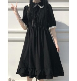 Black Kawaii Dress Women Summer Short Sleeve Doll Collar Ruffles Pleated Dress Japanese Harajuku Casual Loose Midi Dress $26....