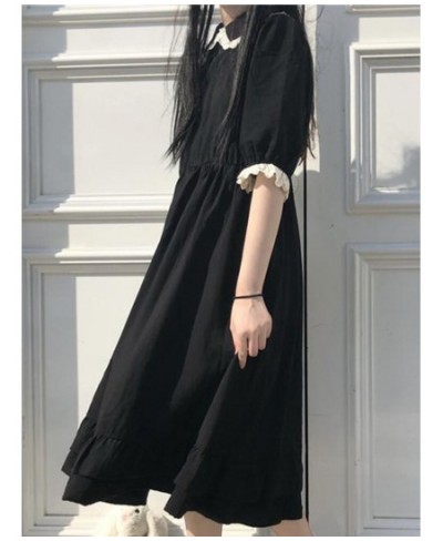 Black Kawaii Dress Women Summer Short Sleeve Doll Collar Ruffles Pleated Dress Japanese Harajuku Casual Loose Midi Dress $26....