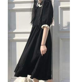 Black Kawaii Dress Women Summer Short Sleeve Doll Collar Ruffles Pleated Dress Japanese Harajuku Casual Loose Midi Dress $26....