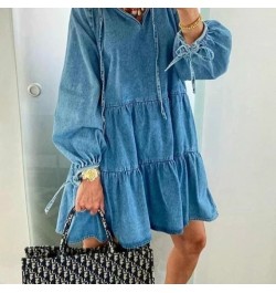Women Fall Summer Denim Dress Loose Solid Short Mini Dresses Female Fashion V-Neck Casual Lace Up Long Sleeve Blue Shirt Dres...