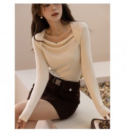 Knitted T-shirts for Women Autumn Soft Slim Square Collar Pullover Patchwork Long Sleeved Tops Female Clothes MXB33T0522 $42....