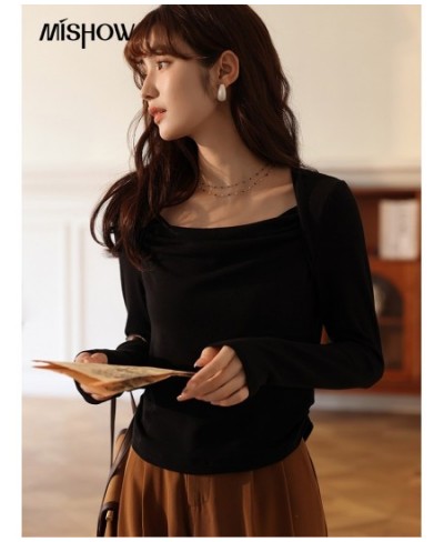 Knitted T-shirts for Women Autumn Soft Slim Square Collar Pullover Patchwork Long Sleeved Tops Female Clothes MXB33T0522 $42....