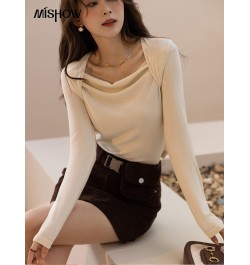 Knitted T-shirts for Women Autumn Soft Slim Square Collar Pullover Patchwork Long Sleeved Tops Female Clothes MXB33T0522 $42....