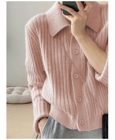 Turn Down Knit Cardigan Women Autumn Winter Button Up Solid Color Sweater Coats Woman Long Sleeve Soft Cardigans Ladies $38.1...