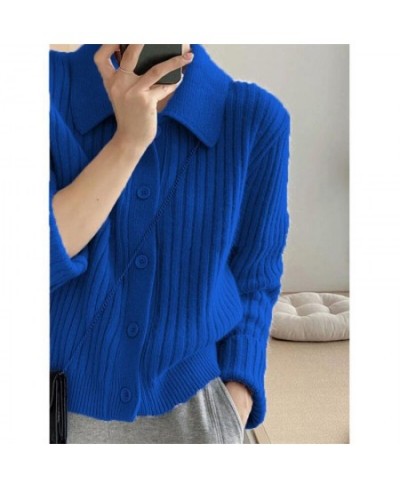 Turn Down Knit Cardigan Women Autumn Winter Button Up Solid Color Sweater Coats Woman Long Sleeve Soft Cardigans Ladies $38.1...