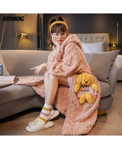 Nude Pink Teddy Fluffy Robes for Women Winter Thermal Hoodies Robe for Girl Kawaii Bear Bathrobe for Woman Warm Lady Sleepwea...