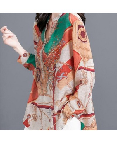 Vintage Printed V-Neck Oversized Loose Diamonds Blouse Women's Clothing 2022 Autumn New Casual Pullovers Office Lady Shirt $3...