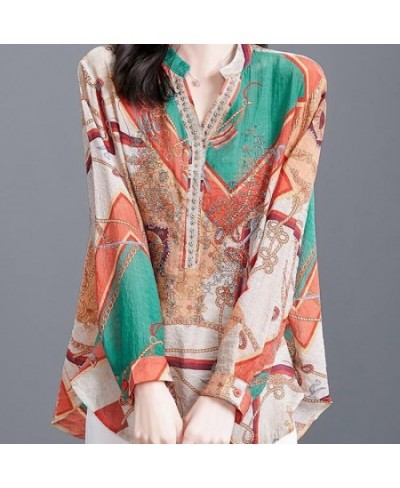 Vintage Printed V-Neck Oversized Loose Diamonds Blouse Women's Clothing 2022 Autumn New Casual Pullovers Office Lady Shirt $3...