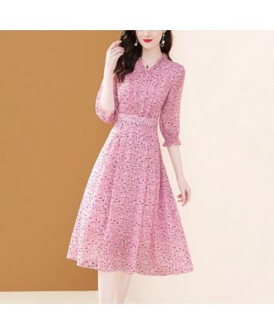 Pink Floral Chiffon Dresses Women 2022 Spring And Summer New Temperament A-line V-Neck Print Sweet Vestidos For Women $59.45 ...