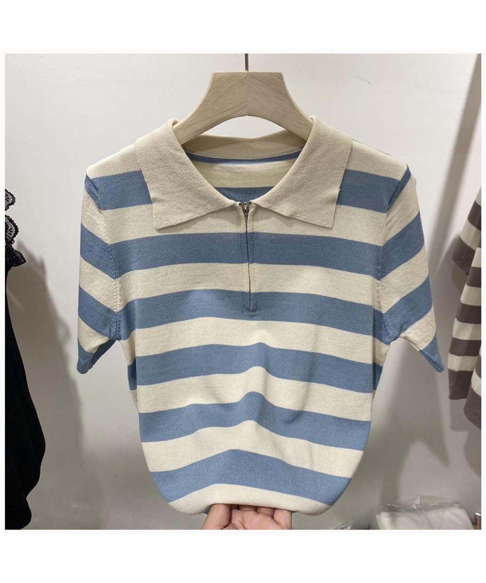 2023 Women Summer Fashion Ice Silk Loose Polo Shirt Female Zippers Short Sleeve Thin Tops Ladies Casual Striped T-shirts A58 ...