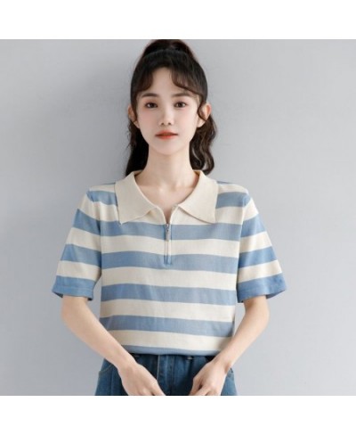 2023 Women Summer Fashion Ice Silk Loose Polo Shirt Female Zippers Short Sleeve Thin Tops Ladies Casual Striped T-shirts A58 ...