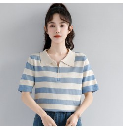 2023 Women Summer Fashion Ice Silk Loose Polo Shirt Female Zippers Short Sleeve Thin Tops Ladies Casual Striped T-shirts A58 ...