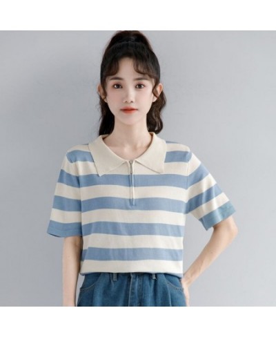 2023 Women Summer Fashion Ice Silk Loose Polo Shirt Female Zippers Short Sleeve Thin Tops Ladies Casual Striped T-shirts A58 ...