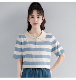 2023 Women Summer Fashion Ice Silk Loose Polo Shirt Female Zippers Short Sleeve Thin Tops Ladies Casual Striped T-shirts A58 ...