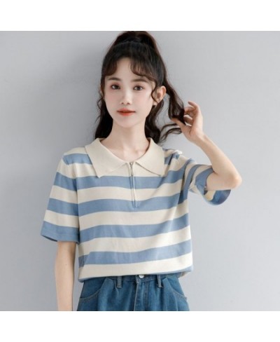 2023 Women Summer Fashion Ice Silk Loose Polo Shirt Female Zippers Short Sleeve Thin Tops Ladies Casual Striped T-shirts A58 ...