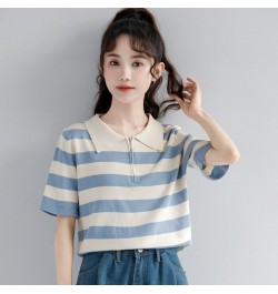 2023 Women Summer Fashion Ice Silk Loose Polo Shirt Female Zippers Short Sleeve Thin Tops Ladies Casual Striped T-shirts A58 ...