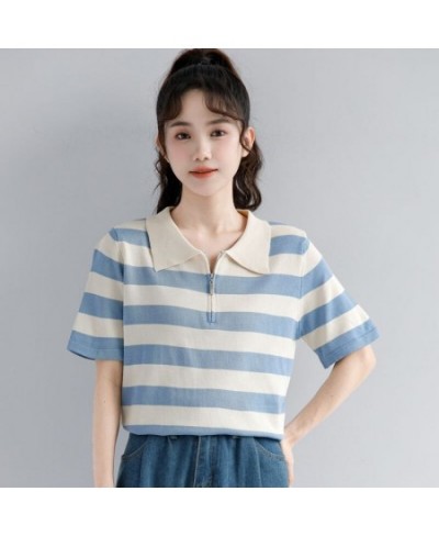 2023 Women Summer Fashion Ice Silk Loose Polo Shirt Female Zippers Short Sleeve Thin Tops Ladies Casual Striped T-shirts A58 ...