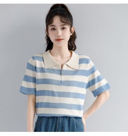 2023 Women Summer Fashion Ice Silk Loose Polo Shirt Female Zippers Short Sleeve Thin Tops Ladies Casual Striped T-shirts A58 ...