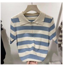 2023 Women Summer Fashion Ice Silk Loose Polo Shirt Female Zippers Short Sleeve Thin Tops Ladies Casual Striped T-shirts A58 ...