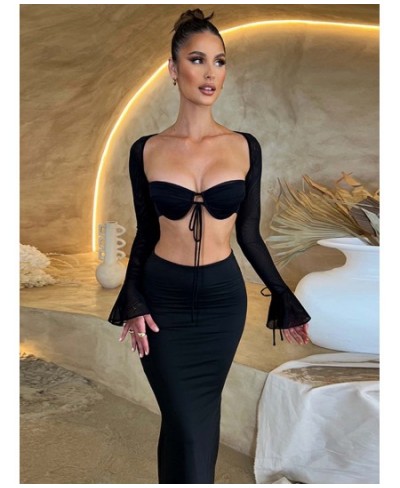 Ladies Night Club Wear Y2K 2 Piece Long Sleeve Backless Crop Top High Waist Bodycon Maxi Skirt Matching Set Women Birthday $3...