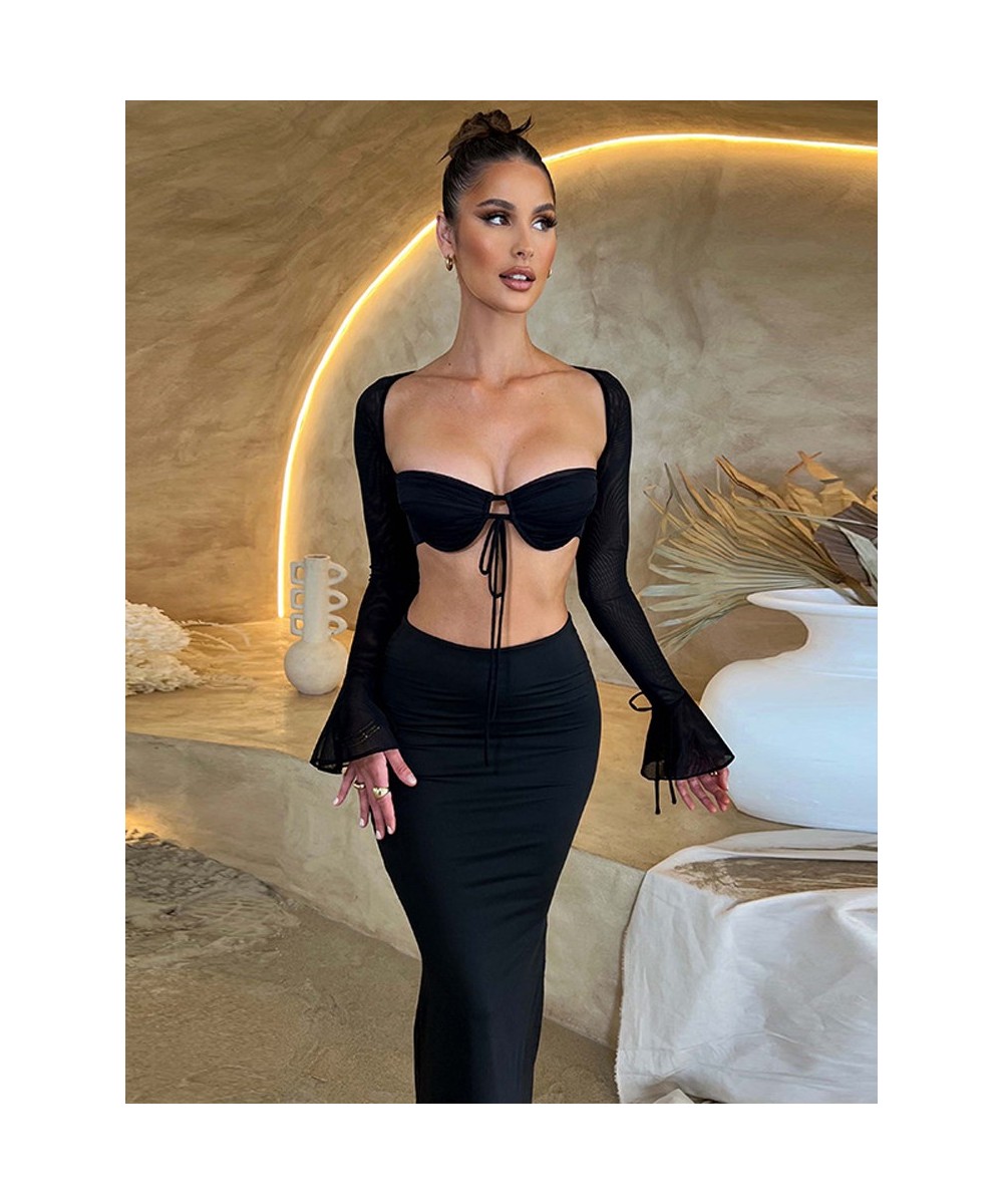 Ladies Night Club Wear Y2K 2 Piece Long Sleeve Backless Crop Top High Waist Bodycon Maxi Skirt Matching Set Women Birthday $3...