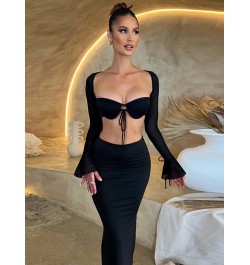 Ladies Night Club Wear Y2K 2 Piece Long Sleeve Backless Crop Top High Waist Bodycon Maxi Skirt Matching Set Women Birthday $3...