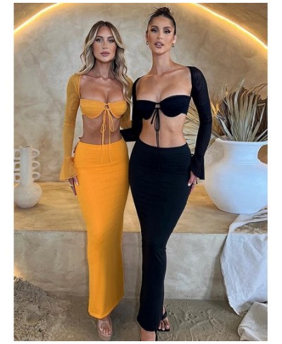 Ladies Night Club Wear Y2K 2 Piece Long Sleeve Backless Crop Top High Waist Bodycon Maxi Skirt Matching Set Women Birthday $3...