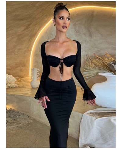 Ladies Night Club Wear Y2K 2 Piece Long Sleeve Backless Crop Top High Waist Bodycon Maxi Skirt Matching Set Women Birthday $3...