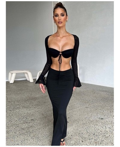 Ladies Night Club Wear Y2K 2 Piece Long Sleeve Backless Crop Top High Waist Bodycon Maxi Skirt Matching Set Women Birthday $3...