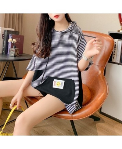 Spliced Color Hooded T Shirt For Women Loose Front Pockets Long T Shirt Female Cute Striped T Shirts Female Short Sleeves $36...