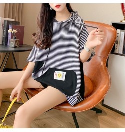 Spliced Color Hooded T Shirt For Women Loose Front Pockets Long T Shirt Female Cute Striped T Shirts Female Short Sleeves $36...