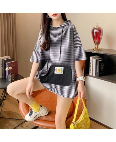 Spliced Color Hooded T Shirt For Women Loose Front Pockets Long T Shirt Female Cute Striped T Shirts Female Short Sleeves $36...