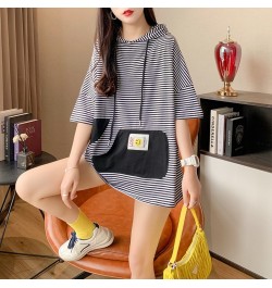 Spliced Color Hooded T Shirt For Women Loose Front Pockets Long T Shirt Female Cute Striped T Shirts Female Short Sleeves $36...