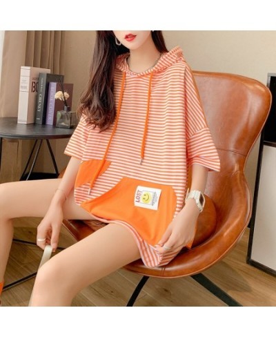 Spliced Color Hooded T Shirt For Women Loose Front Pockets Long T Shirt Female Cute Striped T Shirts Female Short Sleeves $36...