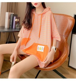 Spliced Color Hooded T Shirt For Women Loose Front Pockets Long T Shirt Female Cute Striped T Shirts Female Short Sleeves $36...