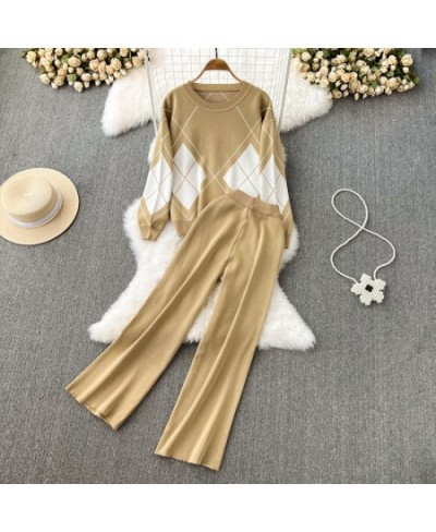 Winter Panelled Knitted Sets Fashion Long Sleeve V Neck Tie Knitwear+Wide Leg Pant+Camis Women OL Sweater 2 Pieces Suits $58....