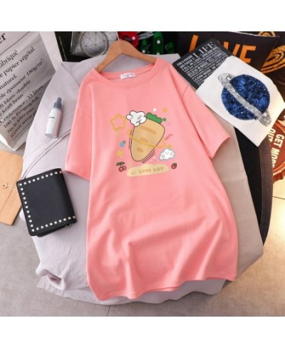 Cotton Plus Size T-shirt Dress Summer Female Cartoon Printing Mid-length Short Sleeve Tshirt Loose Round Neck Dress Top $34.1...