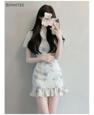 Short Sleeve Dresses Women Design Floral Summer Chinese Ruffles Tender All-match Aesthetic Harajuku Fashion Daily Vestidos $3...