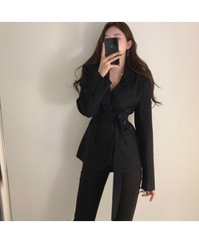 Spring Autumn Chic Blazer Ladies Elegant Fashion Lapel Slim Waist Belted Women Suit Jackets Single-breasted Outwear Casual Co...