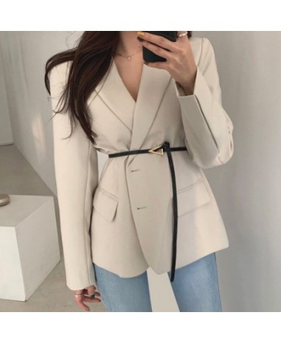 Spring Autumn Chic Blazer Ladies Elegant Fashion Lapel Slim Waist Belted Women Suit Jackets Single-breasted Outwear Casual Co...