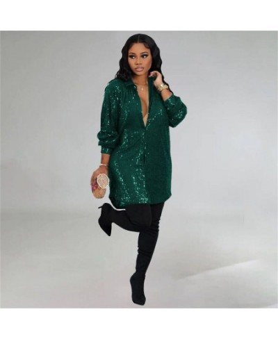 Plus Size Sexy Sequined Blouse Short Dress For Women Turn Down Collar Long Sleeve Single Breasted Party Mini Vestidos Night $...