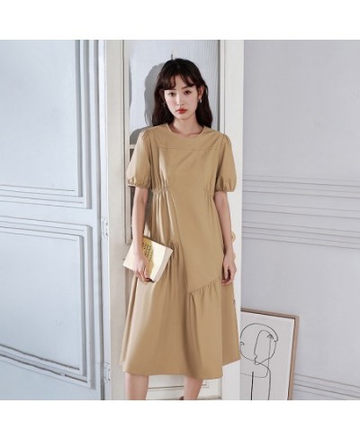 Women Dress 2023 Summer Puff Sleeves O Neck A-shape Pleated Stitching Khaki Casual Chic Designer Mid-length Skirt $85.21 - Dr...