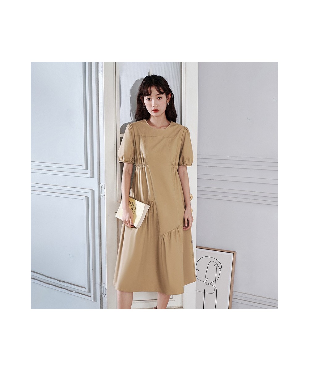 Women Dress 2023 Summer Puff Sleeves O Neck A-shape Pleated Stitching Khaki Casual Chic Designer Mid-length Skirt $85.21 - Dr...