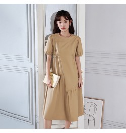 Women Dress 2023 Summer Puff Sleeves O Neck A-shape Pleated Stitching Khaki Casual Chic Designer Mid-length Skirt $85.21 - Dr...