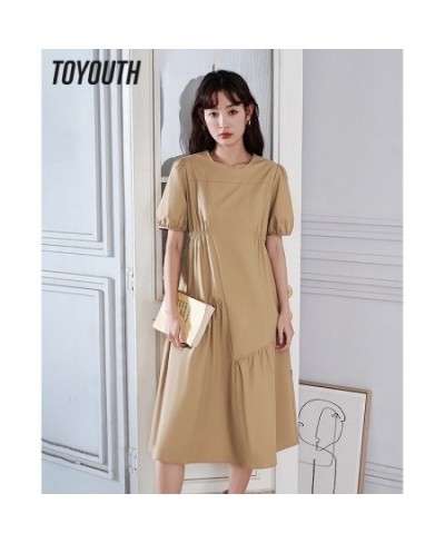 Women Dress 2023 Summer Puff Sleeves O Neck A-shape Pleated Stitching Khaki Casual Chic Designer Mid-length Skirt $85.21 - Dr...