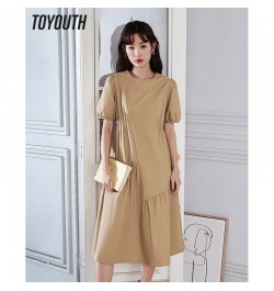 Women Dress 2023 Summer Puff Sleeves O Neck A-shape Pleated Stitching Khaki Casual Chic Designer Mid-length Skirt $85.21 - Dr...